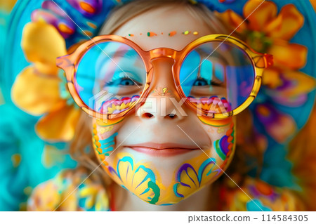 Smiling cute girl with glasses and a painted face 114584305