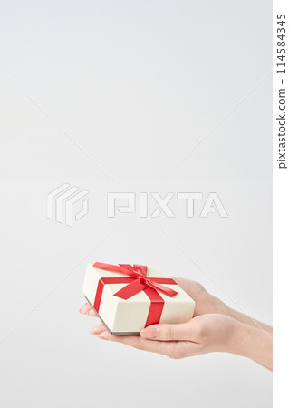 Woman holding a gift wrapped box Woman holding a gift wrapped box 114584345
