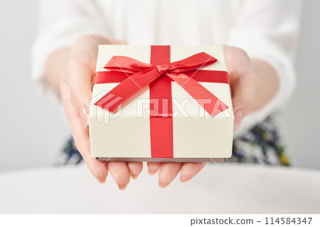 Woman holding a gift wrapped box 114584347