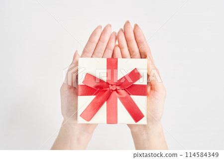 Woman holding a gift wrapped box 114584349