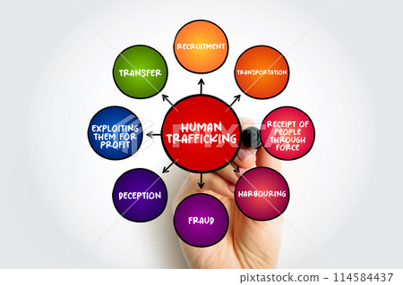 Human Trafficking - the unlawful act of transporting or coercing people in order to benefit from their work or service, mind map concept background 114584437
