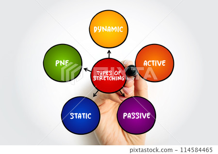 Types of Stretching (form of physical exercise in which a specific muscle or tendon is deliberately flexed or stretched) mind map text concept background 114584465