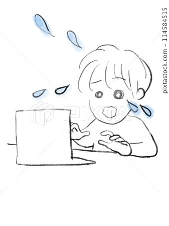 Colored illustration of a person panicking in front of a computer Colored illustration of a person panicking in front of a computer 114584515