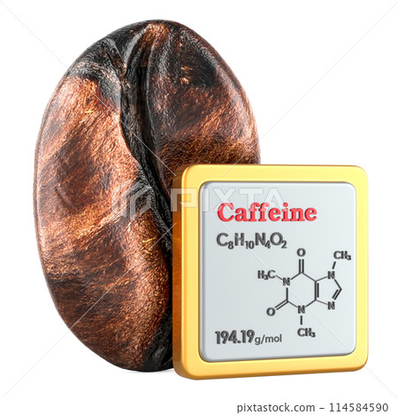 Caffeine Icon with chemical formula, molecular structure and coffee bean. 3D rendering 114584590