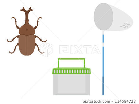 Illustration of a bug net, insect cage, and rhinoceros beetle Illustration of a bug net, insect cage, and rhinoceros beetle 114584728