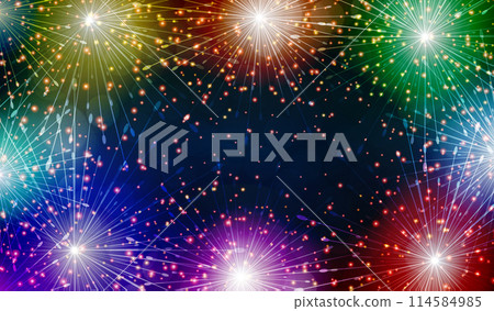 Brightly Colorful Fireworks. Holiday fireworks background. Illustration of Fireworks. Banner for holidays. Merry Christmas. Happy New Year. Happy Birthday. Illustration. 114584985