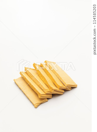 Isolated Bio Pop Up Kitchen Dish Sponge, Cellulose Compressed Sponge on White Background, Eco Natural Product for Cleaning, Sanitation. Mockup, Copy Space for Text. Vertical Plane, Design 114585203