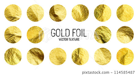 Gold foil, shiny handmade circles. Golden glittering texture, pattern. Luxury shining hand drawn background. Wedding, greeting card decoration elements. Modern minimalist art. Vector illustration 114585487