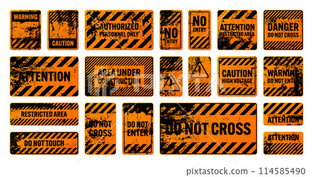 Orange grunge warning signs with diagonal lines. Old attention, danger or caution sign, construction site signage. Realistic notice signboard, warning banner, road shield. Vector illustration 114585490