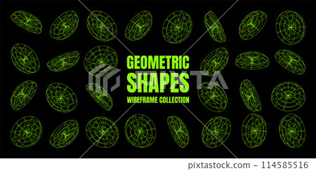 Wireframe lined shapes. Perspective mesh, 3d grid. Low poly geometric elements. Retro futuristic design elements, y2k, vaporwave and synthwave style. Vector illustration 114585516