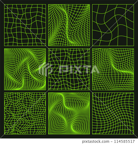Wireframe shapes, lined perspective mesh, 3d grid. Low poly geometric elements. Retro futuristic design elements, y2k, vaporwave and synthwave style. Vector illustration Wireframe shapes, lined perspective mesh, 3d grid. Low poly geometric elements. Retro futuristic design elements, y2k, vaporwave and synthwave style. Vector illustration 114585517