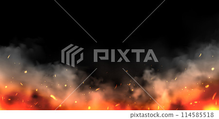 Realistic smoke clouds and fire on black background. Flame blast, explosion. Stream of smoke from burning objects. Forest fires. Transparent fog effect. White steam, mist. Vector design element. Realistic smoke clouds and fire on black background. Flame blast, explosion. Stream of smoke from burning objects. Forest fires. Transparent fog effect. White steam, mist. Vector design element. 114585518