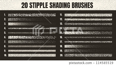 Stipple scatter brush, ink drawing and texturing. Fading gradient. Stippling, dotwork drawing, shading using dots. Halftone disintegration effect. White noise grainy texture. Vector illustration Stipple scatter brush, ink drawing and texturing. Fading gradient. Stippling, dotwork drawing, shading using dots. Halftone disintegration effect. White noise grainy texture. Vector illustration 114585519
