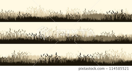 Meadow silhouettes with grass, plants on plain. Panoramic summer lawn landscape with herbs, various weeds. Herbal border, frame. Nature background. Brown horizontal banner. Vector illustration 114585521