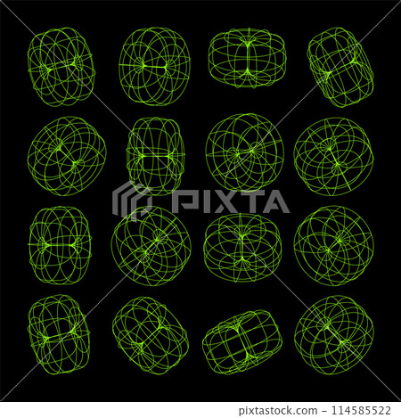 Wireframe lined shapes. Perspective mesh, 3d grid. Low poly geometric elements. Retro futuristic design elements, y2k, vaporwave and synthwave style. Vector illustration Wireframe lined shapes. Perspective mesh, 3d grid. Low poly geometric elements. Retro futuristic design elements, y2k, vaporwave and synthwave style. Vector illustration 114585522