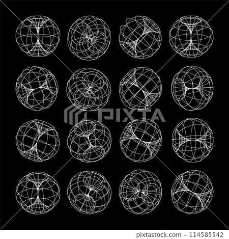 Wireframe lined shapes. Perspective mesh, 3d grid. Low poly geometric elements. Retro futuristic design elements, y2k, vaporwave and synthwave style. Vector illustration Wireframe lined shapes. Perspective mesh, 3d grid. Low poly geometric elements. Retro futuristic design elements, y2k, vaporwave and synthwave style. Vector illustration 114585542