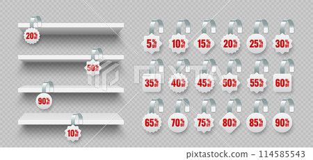 Store shelves with supermarket promotional wobblers. Product shelf and advertising wobbler with percent discount. Grocery wall rack. Sale label, special offer price tag. Vector illustration Store shelves with supermarket promotional wobblers. Product shelf and advertising wobbler with percent discount. Grocery wall rack. Sale label, special offer price tag. Vector illustration 114585543