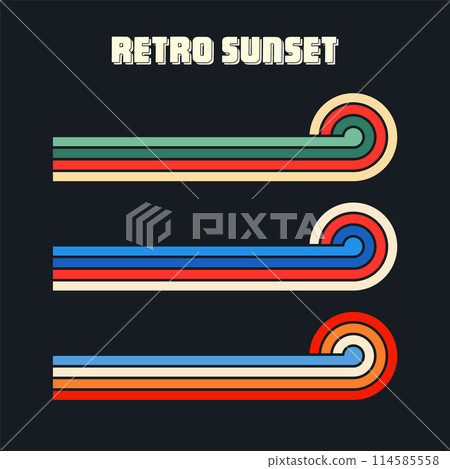 Vintage sunset collection. Various colorful striped sunrise badges in 80s and 90s style. Sun and ocean view, summer vibes, surfing. Design element for print, logo or t-shirt. Vector illustration 114585558