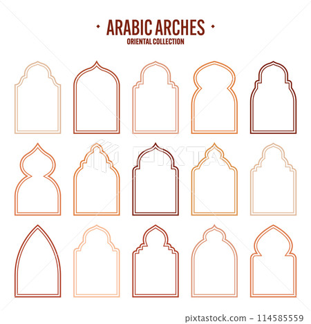 Islamic frames, oriental style objects. Arabic shapes, windows and arches. Traditional ornamental banner, frame. Muslim holidays, Ramadan Kareem. Modern eastern architecture. Vector illustration 114585559