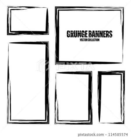 Grunge square frames, banners with stains and scratches. Brush stroke, rectangular shape design element. Distressed dirty text frame, border. Paintbrush, ink stains. Vector illustration Grunge square frames, banners with stains and scratches. Brush stroke, rectangular shape design element. Distressed dirty text frame, border. Paintbrush, ink stains. Vector illustration 114585574