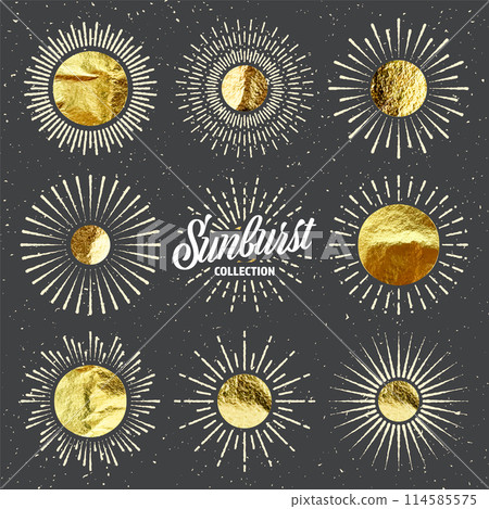 Vintage grunge sunburst sunset beams. Gold foil, shiny handmade circles. Golden glittering texture, pattern. Hand drawn bursting sun, light rays. Logotype, lettering, retro style. Vector illustration Vintage grunge sunburst sunset beams. Gold foil, shiny handmade circles. Golden glittering texture, pattern. Hand drawn bursting sun, light rays. Logotype, lettering, retro style. Vector illustration 114585575