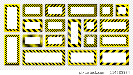 Various blank warning signs with diagonal lines. Red attention, danger or caution sign, construction site signage. Realistic notice signboard, warning banner, road shield. Vector illustration Various blank warning signs with diagonal lines. Red attention, danger or caution sign, construction site signage. Realistic notice signboard, warning banner, road shield. Vector illustration 114585584