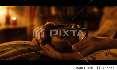 The close up picture of the person holding cup of coffee in living room. AIG43. 114586237