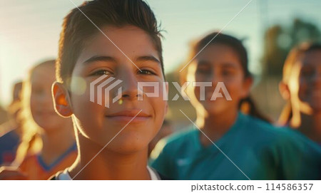 The close up teenager athlete standing with their parent to exercising. AIG43. 114586357
