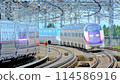 A Shinkansen train passing through Nasushiobara Station at high speed 114586916