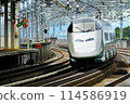 A Shinkansen train passing through Nasushiobara Station at high speed 114586919