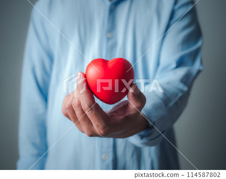 Heart in left hand. Man holding heart shape toy and while standing against grey background, Cardiology, health planning, insurance healthcare and medical concept. Heart in left hand. Man holding heart shape toy and while standing against grey background, Cardiology, health planning, insurance healthcare and medical concept. 114587802