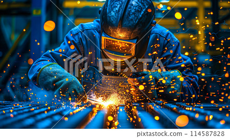 A skilled welder is creating a fusion of metal, shaping it with precision and expertise. The essence of craftsmanship in the industrial world. Generative AI. A skilled welder is creating a fusion of metal, shaping it with precision and expertise. The essence of craftsmanship in the industrial world. Generative AI. 114587828