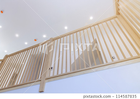 Wooden handrails railings, stairs inside classic design new house 114587835