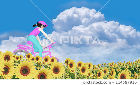 A girl cycling against the backdrop of rising cumulonimbus clouds. Material for adding text. A girl cycling against the backdrop of rising cumulonimbus clouds. Material for adding text. 114587910
