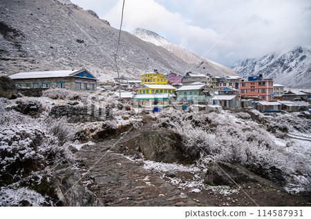 View of Kyanjin Gompa village after snowing the end of the Langtang Valley Trek in Nepal. 114587931