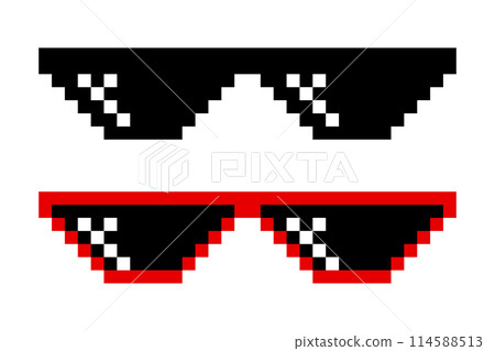 Pixelated Sunglasses Set. Pixel Boss Glasses, 8 bit Style. Meme Game 8-bit Sunglasses Design Template, Isolated 114588513