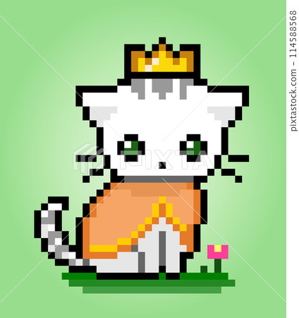 Pixel 8 bit cat wearing king suit outfit. Animals for game assets in vector illustration. 114588568