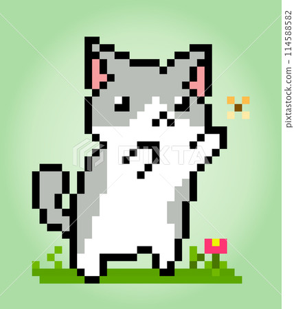 Pixel 8 bit cat catches a butterfly. Animals for game assets in vector illustrations. 114588582