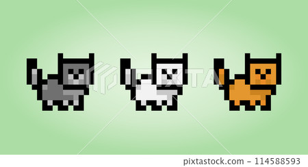 Pixel 8 bit cat. Animals for game assets in vector illustration. 114588593