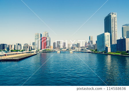 Kachidoki Bridge over the Sumida River and high-rise apartment buildings 2024.05 a-3 Warm colors added 114588636