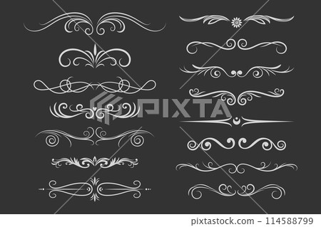 Retro Text Delimiter Set. Vintage Ornamental Monochrome Text Dividers, Decorative Scrolls, Separators and Header Decorative Swirls. Vector Illustration Retro Text Delimiter Set. Vintage Ornamental Monochrome Text Dividers, Decorative Scrolls, Separators and Header Decorative Swirls. Vector Illustration 114588799