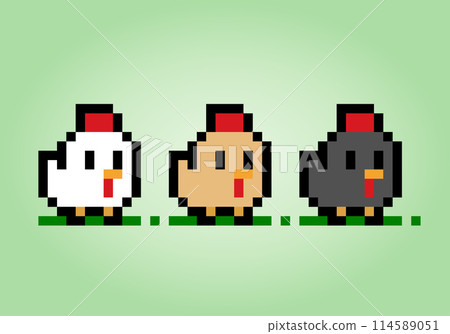 8 bit pixel chicken collection. Animals for game assets in vector illustration. 114589051