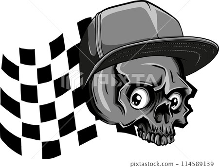 vector illustration of silhouette Angry skull with hat and race flag on background 114589139
