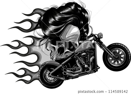 vector monochromatic illustration Motorcycle with woman skull and flames on white background 114589142