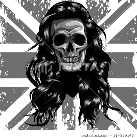 The hand drawn of the monochrome girl skull with the wavy long hair on uk flag in background The hand drawn of the monochrome girl skull with the wavy long hair on uk flag in background 114589148