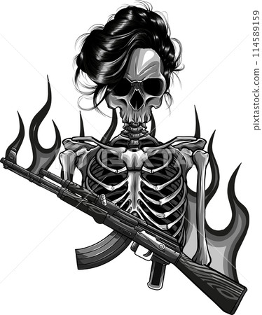Monochrome military skeleton with flames holding assault rifle. vector illustration on white background Monochrome military skeleton with flames holding assault rifle. vector illustration on white background 114589159