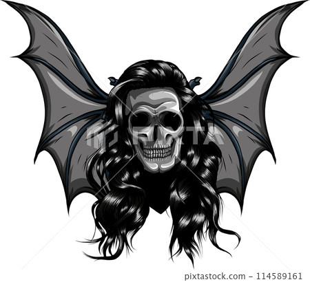 Monochrome skull with bat wings. Halloween trick or treat vector illustration hand draw 114589161