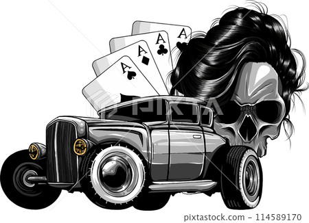 Vector illustration of Monochrome skull with hot rod and poker aces on white background 114589170