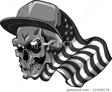 vector illustration of monochrome skull with hat on american flag 114589178