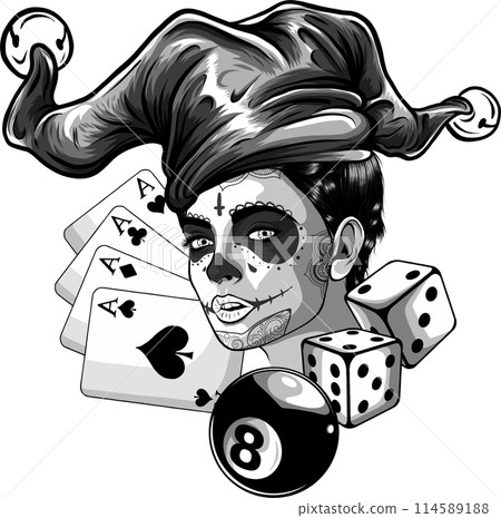 Monochrome woman Joker with card, eight ball and dice. vector illustration on white background Monochrome woman Joker with card, eight ball and dice. vector illustration on white background 114589188